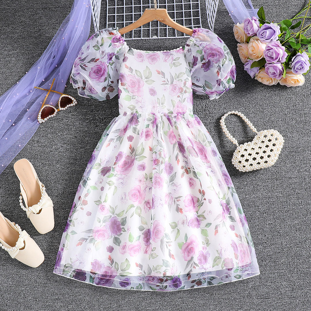 Girls White Floral Print Short Sleeve Fit & Flare Dress Casual Dresses White 8-9 Y