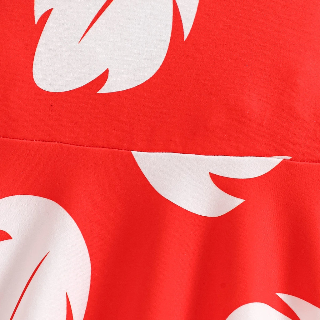 Girls Red Tropical Print Puff Sleeves Fit & Flare Dress Casual Dresses