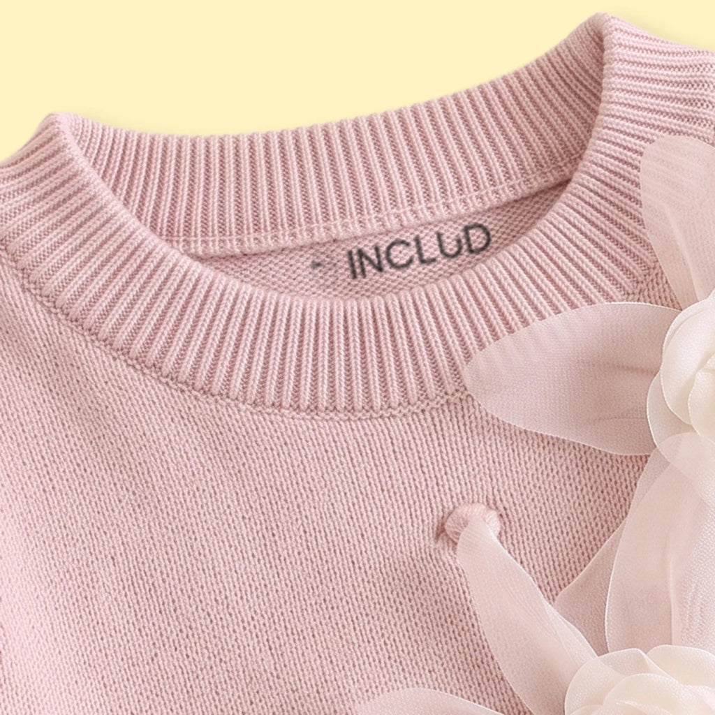 Girls Peach Flower Applique Knitted Sweater & Pants Sets Sets