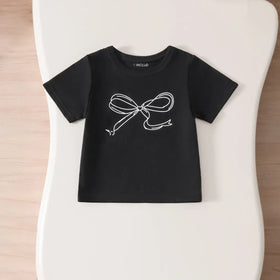 Girls Black Graphics Short Sleeves T-Shirt With Denim Pants Set Sets