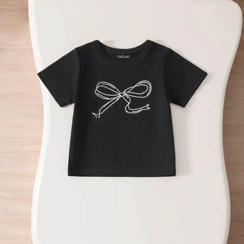 Girls Black Graphics Short Sleeves T-Shirt With Denim Pants Set Sets