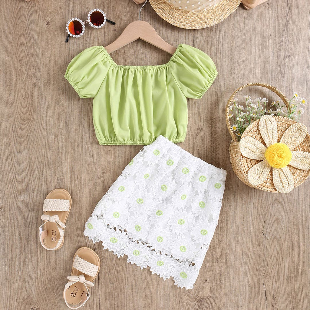 Girls Light Green Short Sleeve Crop Top With Lace Skirt Set Sets Light Green 1-2 Y 