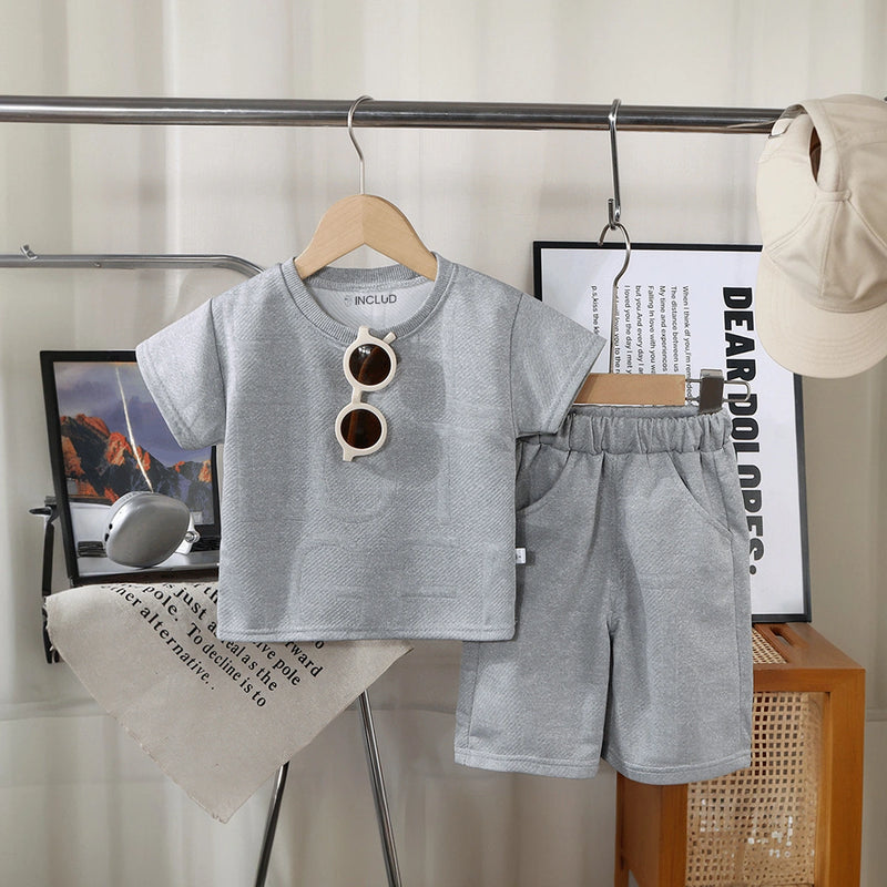 Boys Grey Embossed Print Short Sleeve T-Shirt With Shorts Sets 2 pc. Sets Grey 1-2 Y