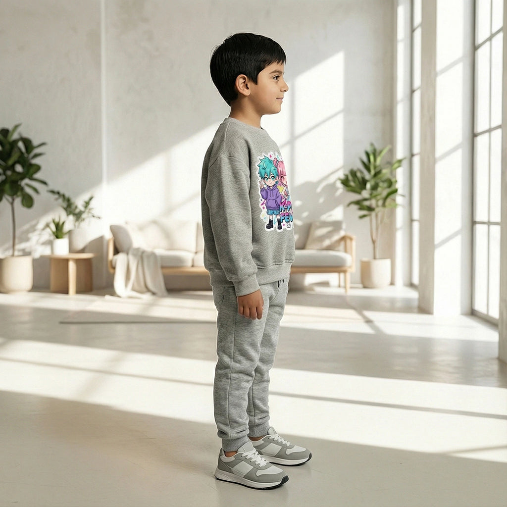 Boys Grey K-Pop Fever Graphics Sweatshirt With Jogger Co-ord Sets Sets