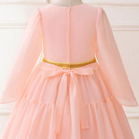 Girls Pink Embroidered Fit & Flare Dress Long Sleeves Casual Dresses