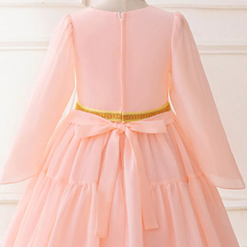 Girls Pink Embroidered Fit & Flare Dress Long Sleeves Casual Dresses