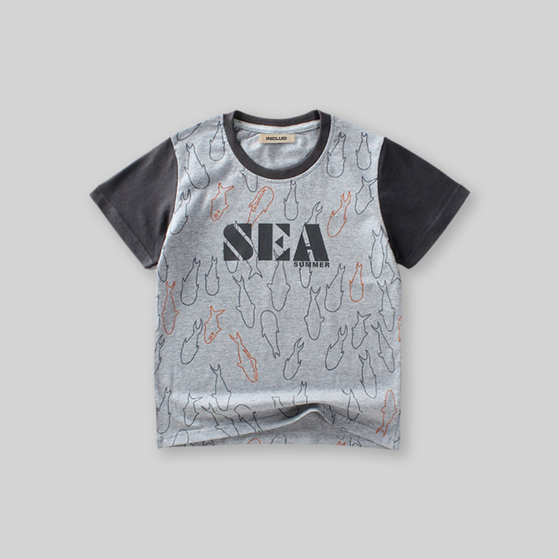 Boys Printed Short Sleeves T-Shirt Tshirts Gray 6-7 Y 