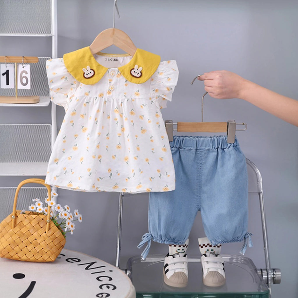 Girls Yellow Floral Print Bunny Applique Top With Denim Shorts Set Sets Yellow 1-2 Y