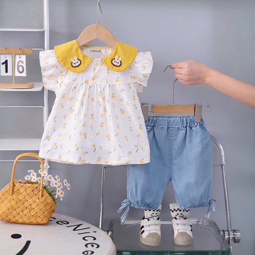 Girls Yellow Floral Print Bunny Applique Top With Denim Shorts Set Sets Yellow 1-2 Y