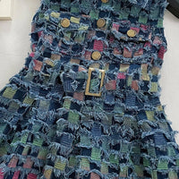 Girls Blue Sleeveless Checked A-Line Distressed Dress Casual Dresses