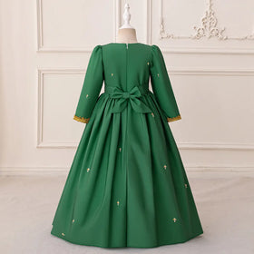 Girls Green Printed Fit & Flare Dress With Long Sleeves Casual Dresses