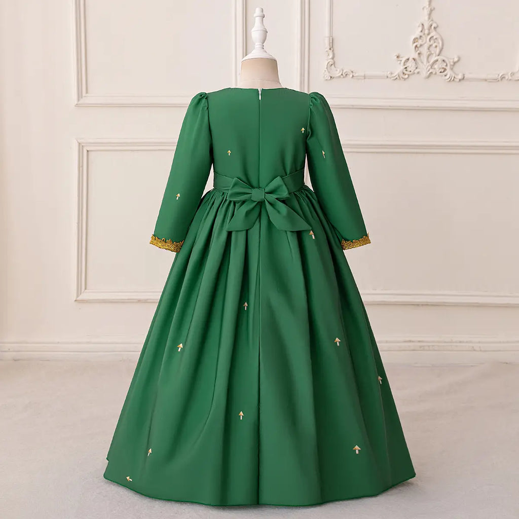 Girls Green Printed Fit & Flare Dress With Long Sleeves Casual Dresses