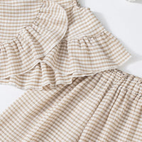 Girls Beige Checked Sleeveless Top With Pants Co-ord Sets Sets