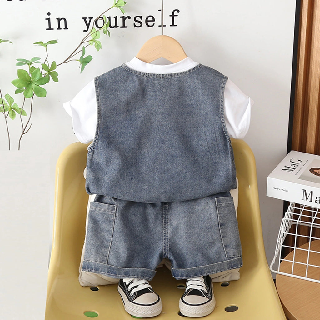 Boys Blue Denim Sleeveless Vest & Shorts With Printed T-Shirt Sets Sets