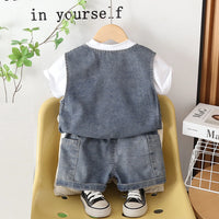 Boys Blue Denim Sleeveless Vest & Shorts With Printed T-Shirt Sets Sets
