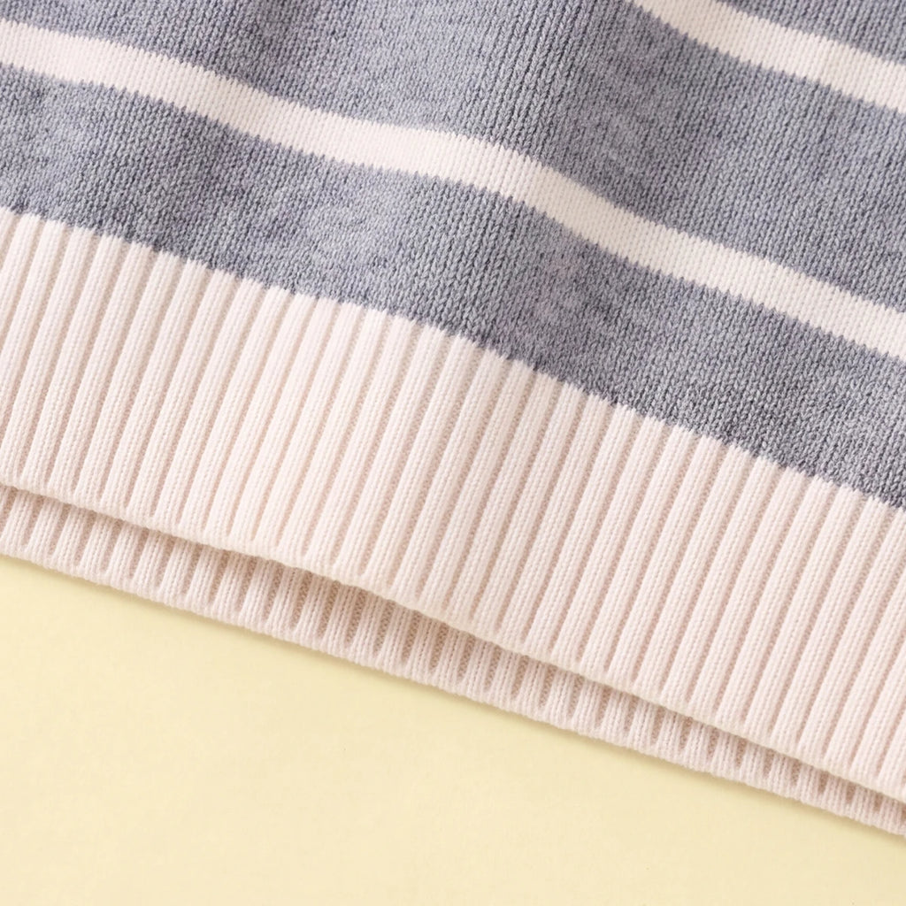 Boys Grey Polo Collar Sweatshirt With Self Design Stripe Patterns Sweaters & Cardigans