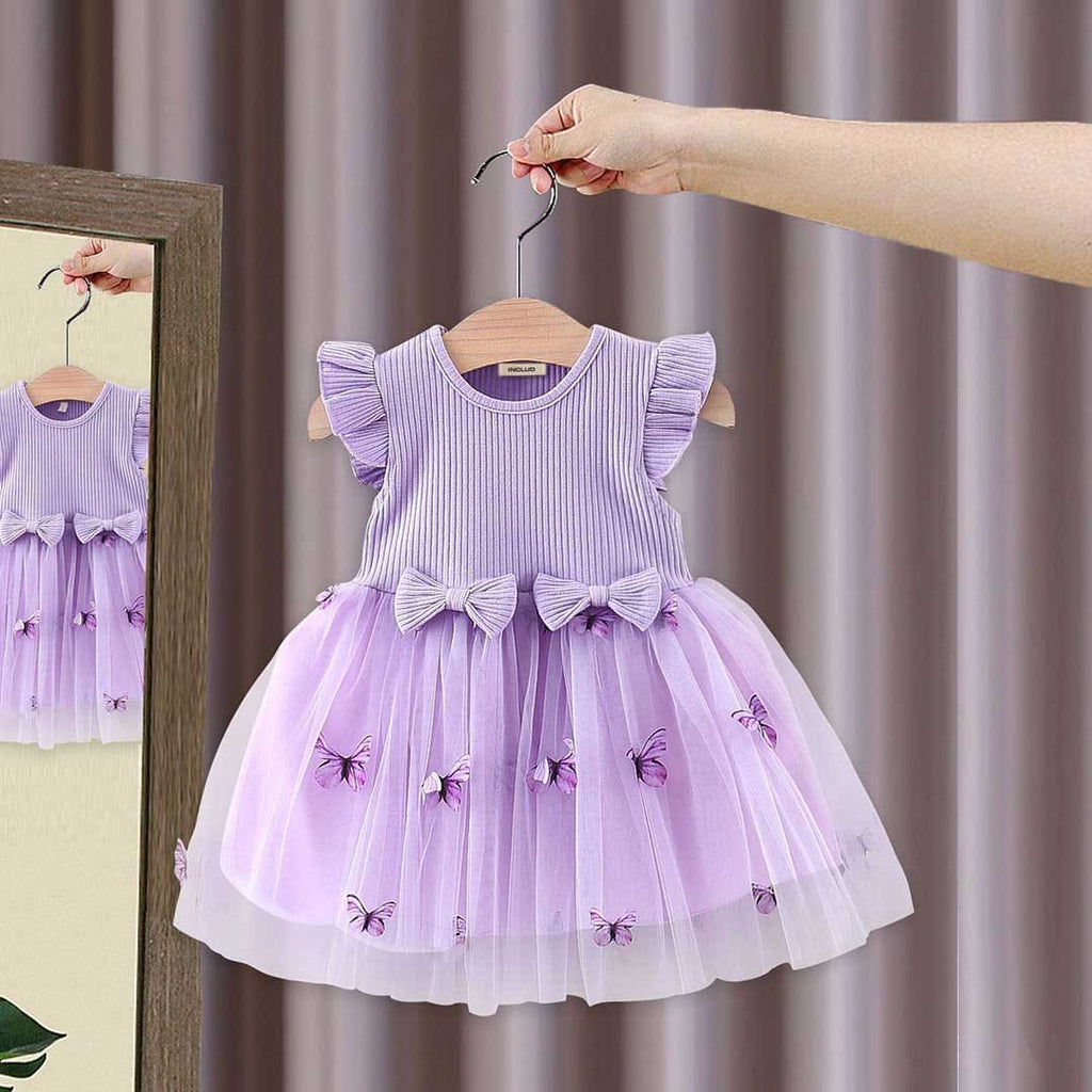 Girls Short Sleeves Butterfly Applique Fit & Flare Dress