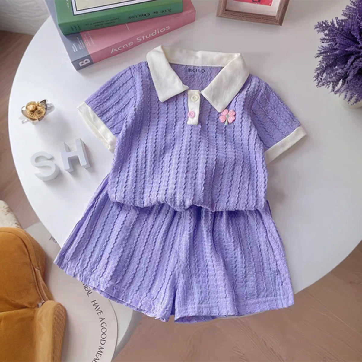 Girls Purple Short Sleeve Textured Polo T-Shirt With Shorts Sets 2 pc. Sets Purple 1-2 Y