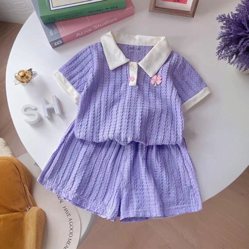 Girls Purple Short Sleeve Textured Polo T-Shirt With Shorts Sets 2 pc. Sets Purple 1-2 Y
