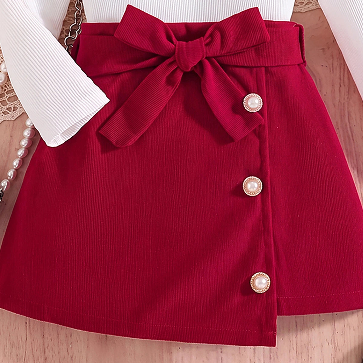 Girls White Textured Long Sleeve Top With Skirt Sets 2 pc. Sets