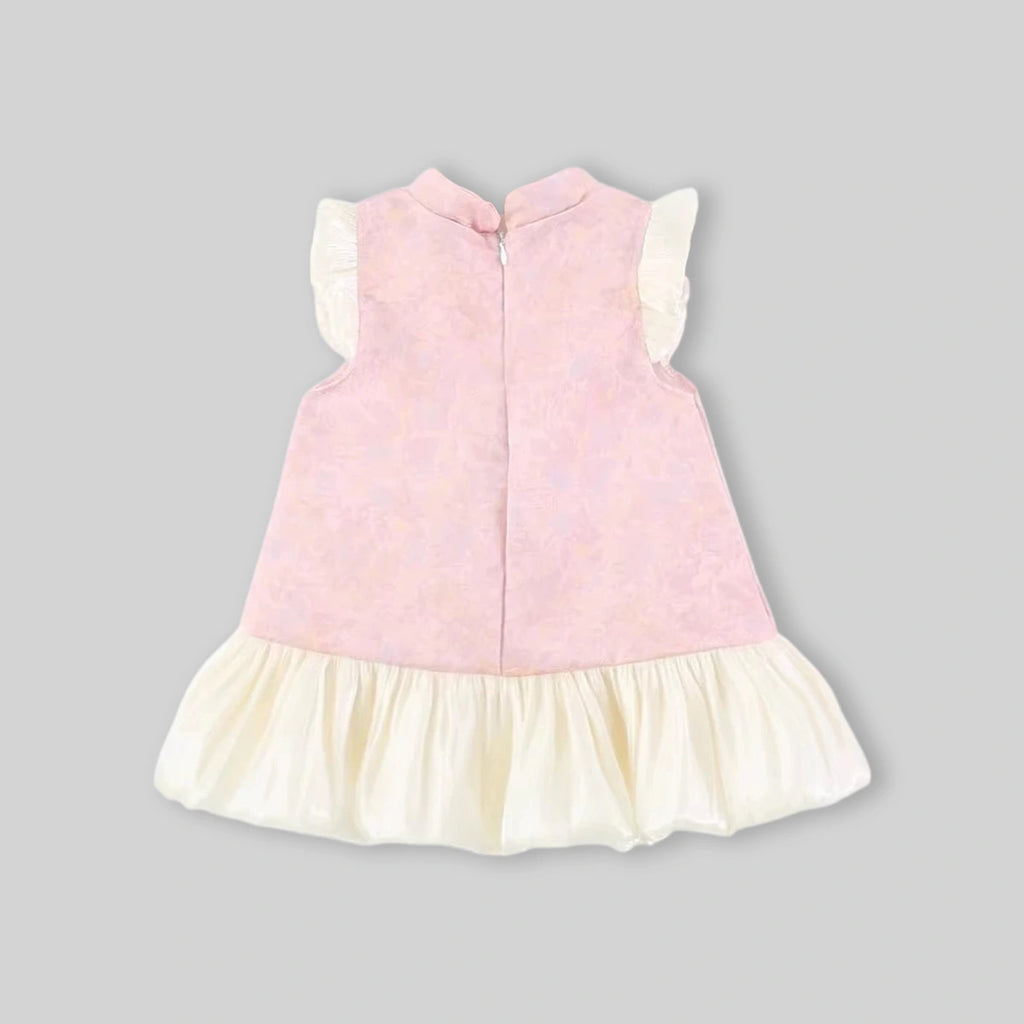 Girls Pink Mandarin Collar A-Line Dress With Bow Details Casual Dresses