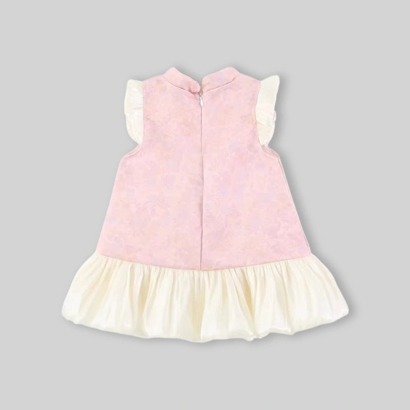 Girls Pink Mandarin Collar A-Line Dress With Bow Details Casual Dresses