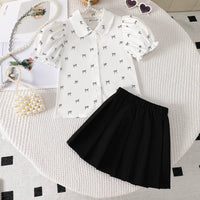 Girls White Bow Print Peter Pan Collar Top With Elasticated Skirt Sets Sets White 3-4 Y
