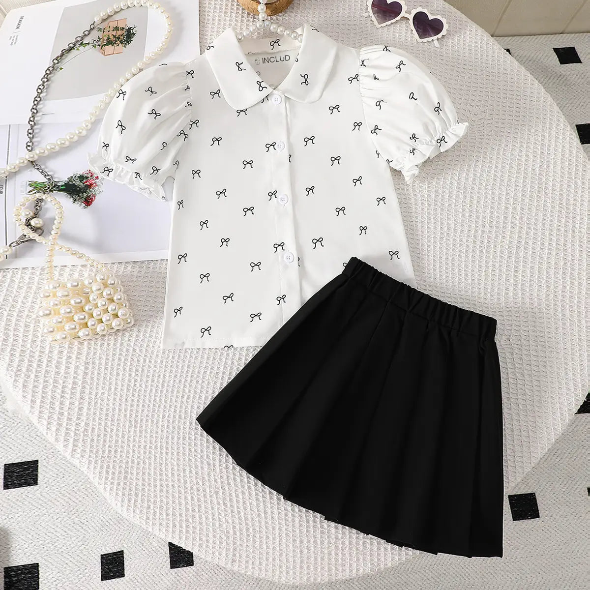 Girls White Bow Print Peter Pan Collar Top With Elasticated Skirt Sets Sets White 3-4 Y