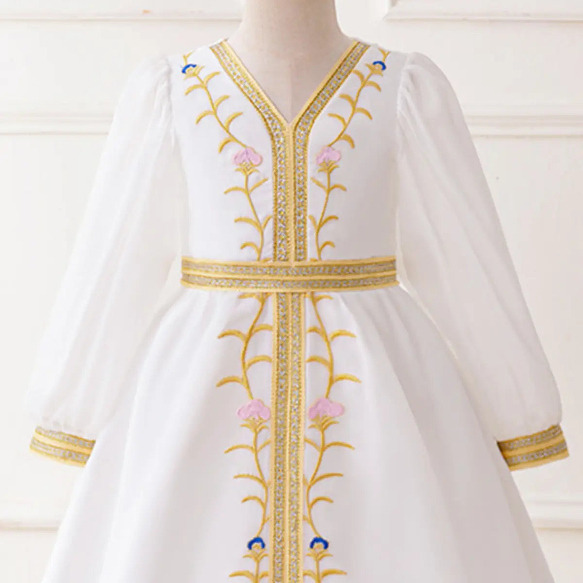 Girls White Embroidered Fit & Flare Dress With Long Sleeves Casual Dresses