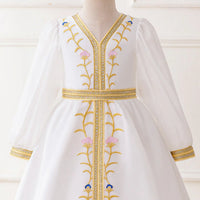 Girls White Embroidered Fit & Flare Dress With Long Sleeves Casual Dresses
