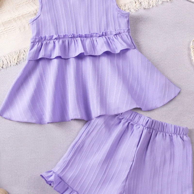 Girls Purple Stripes Sleeveless Top With Ruffle Hem Shorts Co-ord Sets Sets