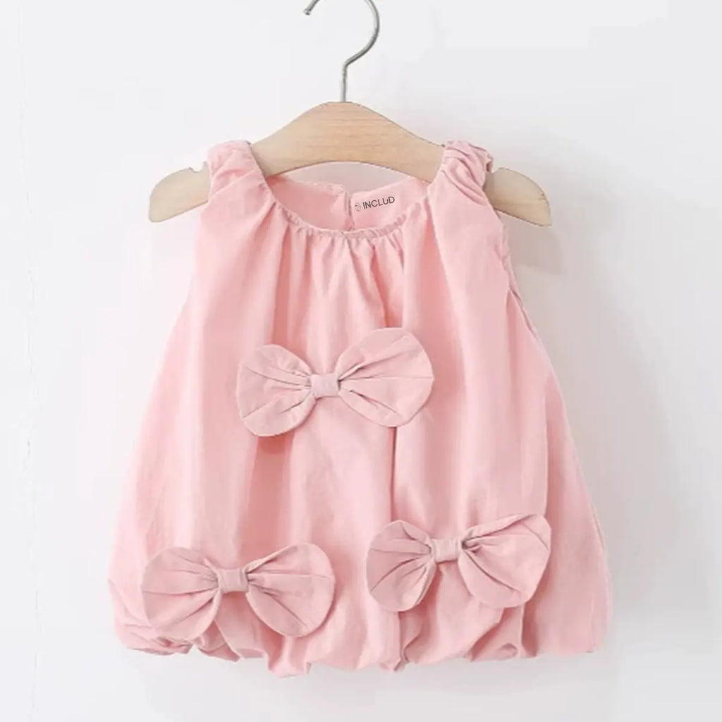 Girls Pink Solid Sleeveless Balloon Dress With Bow Details Casual Dresses