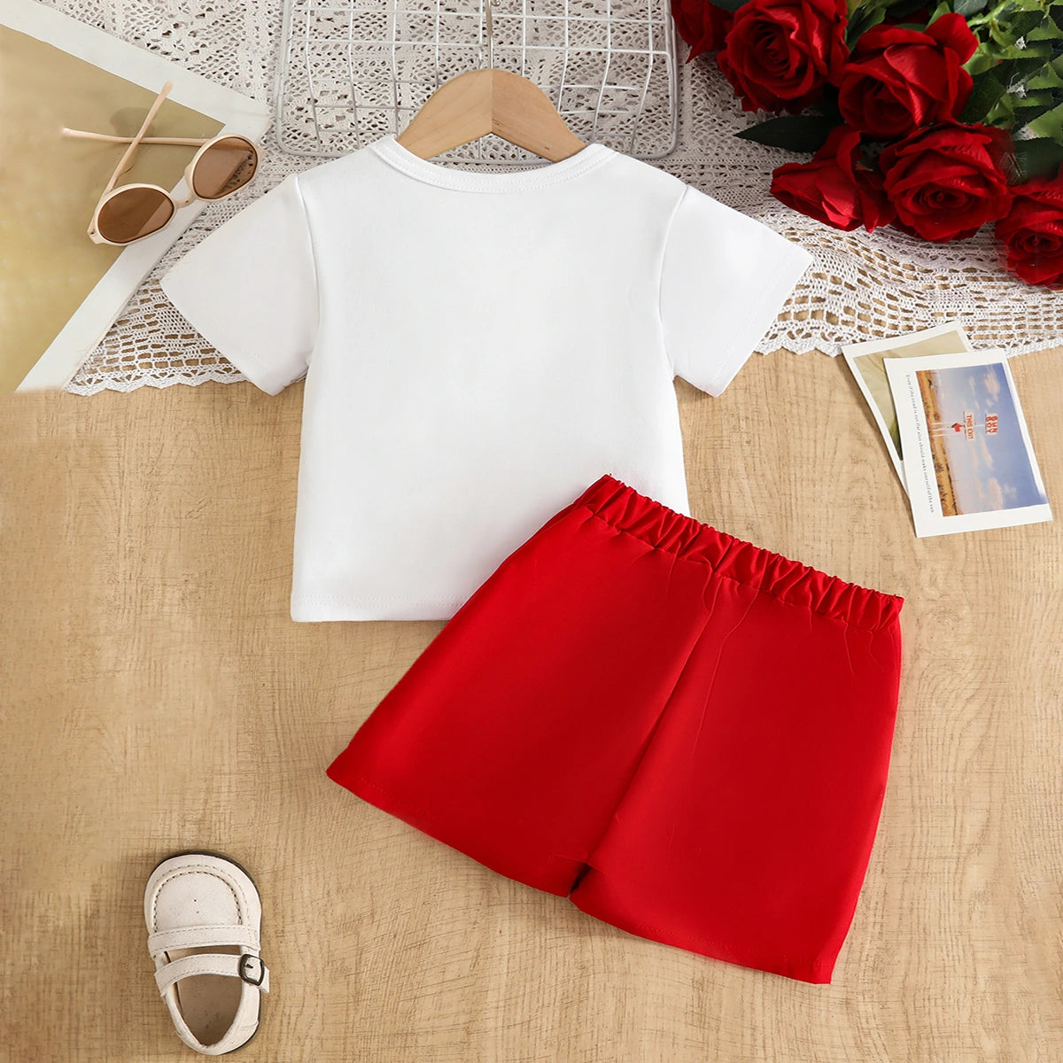 Girls White 3D Rose Applique T-Shirt With Skort Sets Sets