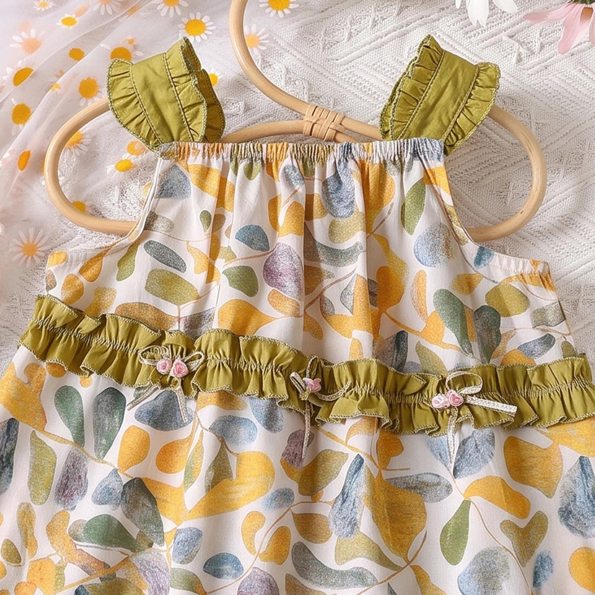 Girls Multicolour Botanical Print Sleeveless Tiered Dress Casual Dresses