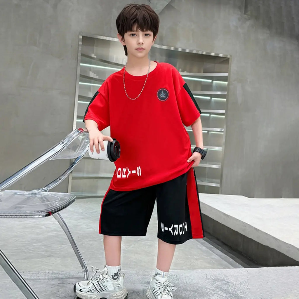 Boys Red Typographic Printed Oversized T-Shirt With Shorts Sets Sets