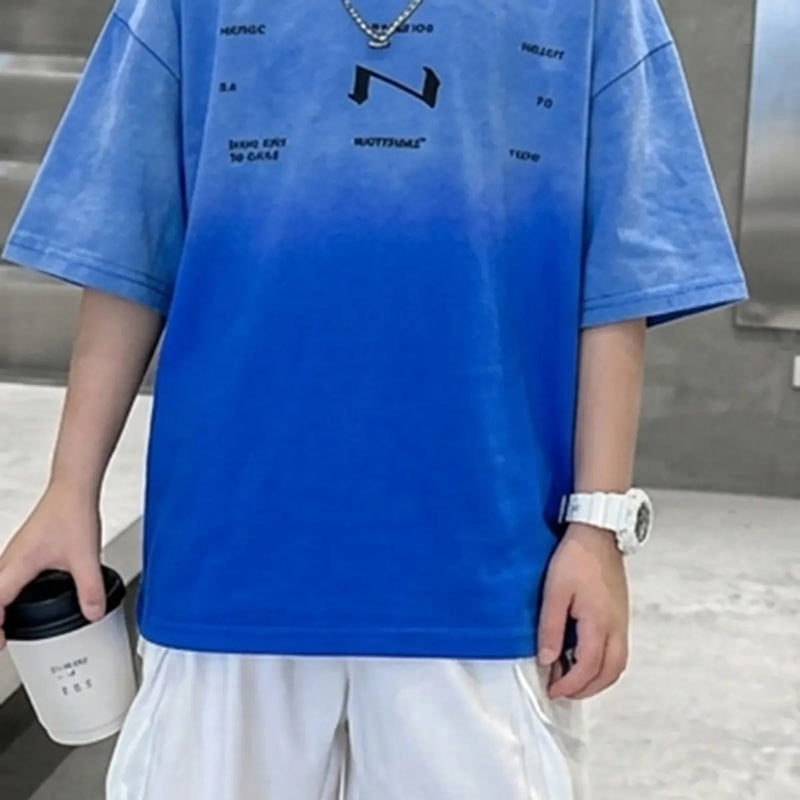 Boys Blue Ombre Drop Shoulder T-Shirt With Shorts Sets Sets