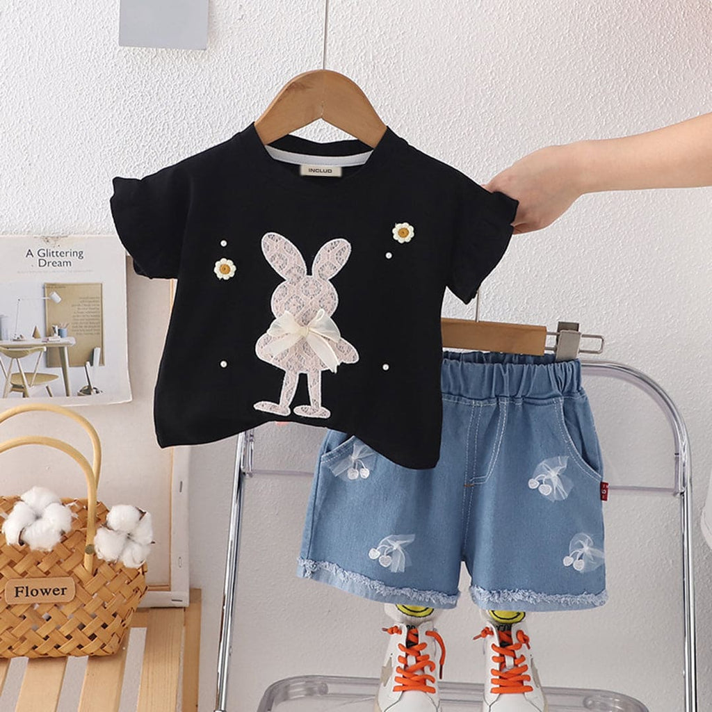 Girls Black Short Sleeve Embroidered T-Shirt With Denim Shorts 2 pc. Sets Black 1-2 Y 