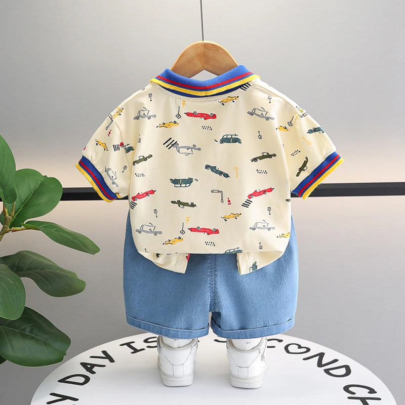 Boys Beige Car Printed Short Sleeve Polo T-Shirt With Denim Shorts Sets 2 pc. Sets