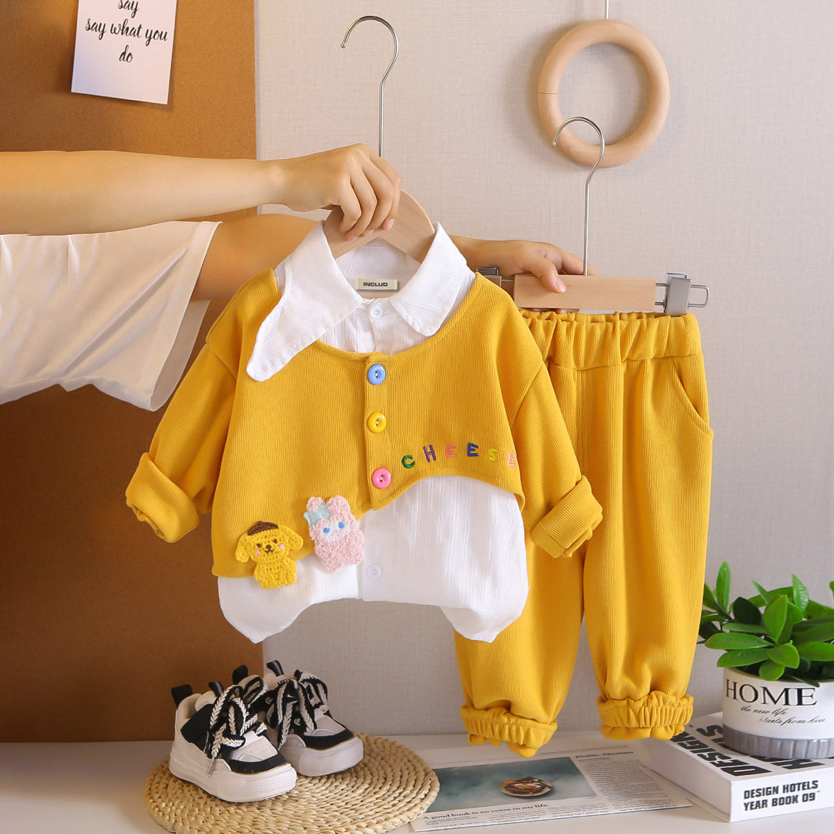 Girls Yellow Embroidered Top With Dobby Shirt & Joggers Set Sets Yellow 1-2 Y