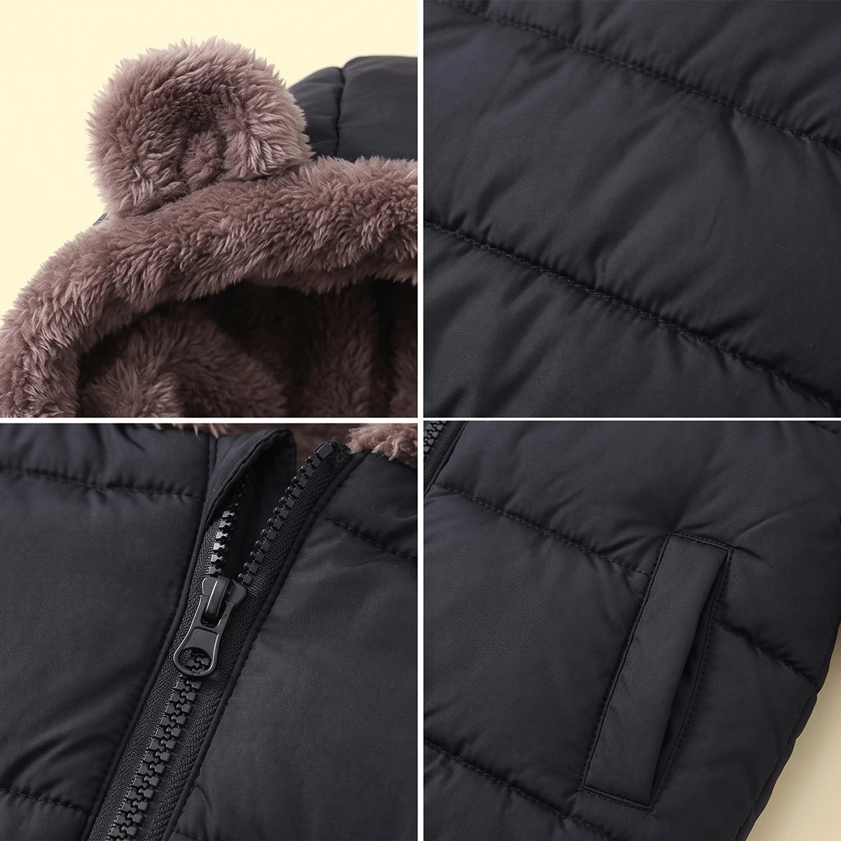Boys Black Bear Ear On Hood Zip-up Puffer Jacket Coats & Jackets