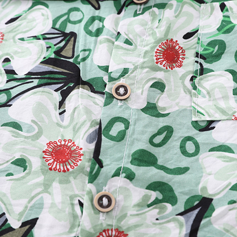 Boys Green Floral Printed Shirt With Neck Tie And Shorts Set Sets