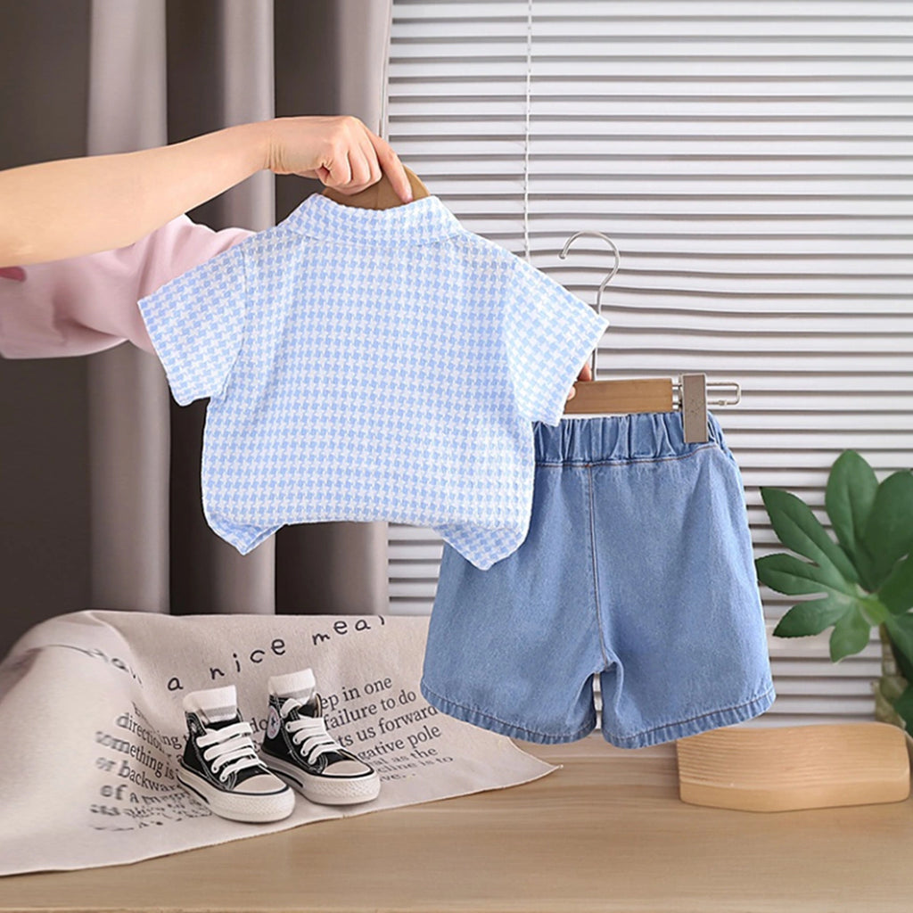 Boys Light Blue Checked Button-Down Shirt With Denim Shorts Set Sets