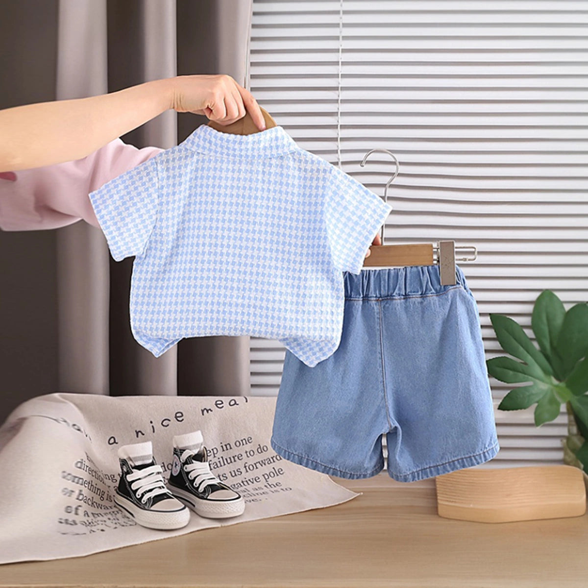 Boys Light Blue Checked Button-Down Shirt With Denim Shorts Set Sets