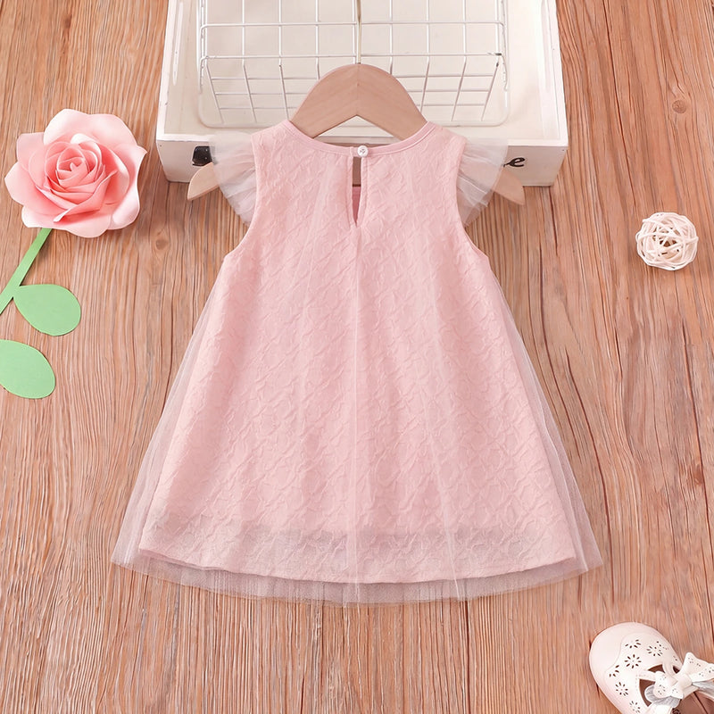 Girls Pink Heart Applique Flutter Sleeve A-Line Dress Casual Dresses