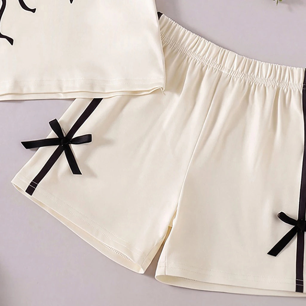 Girls Cream Bow Applique Short Sleeve T-Shirt With Shorts Sets 2 pc. Sets
