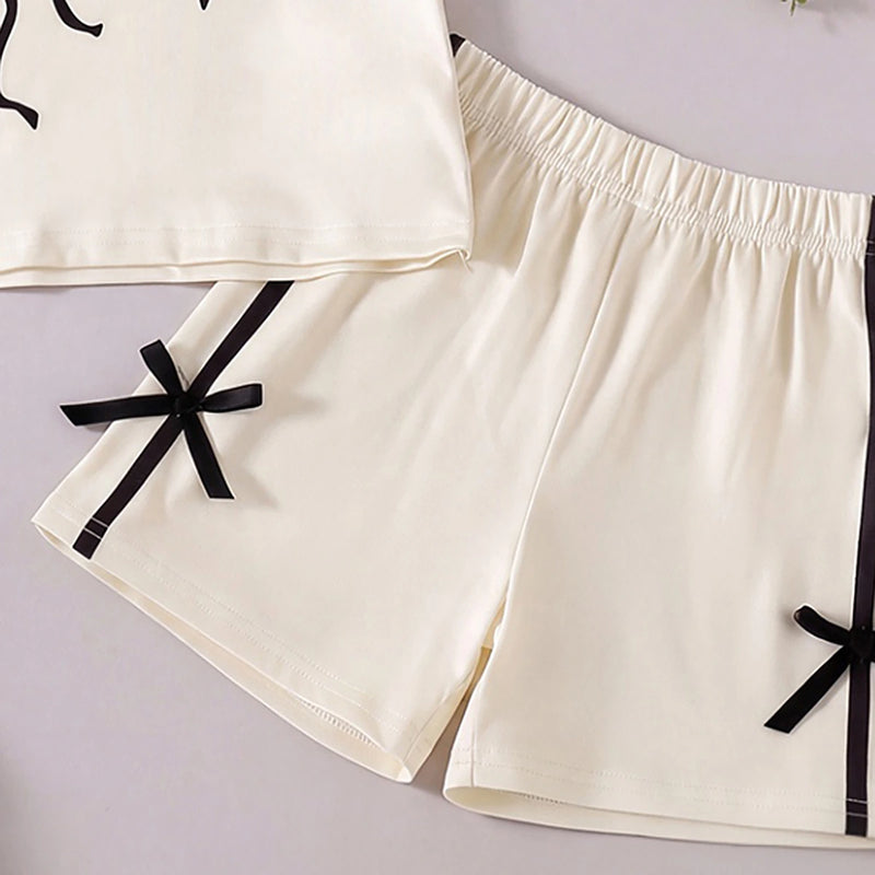 Girls Cream Bow Applique Short Sleeve T-Shirt With Shorts Sets 2 pc. Sets
