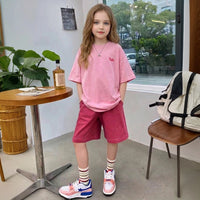 Girls Pink Typographic Print Short Sleeve T-Shirt With Elasticated Shorts Sets Sets Pink 5-6 Y