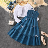 Girls Blue Sleeveless Tiered Dress With Shrug