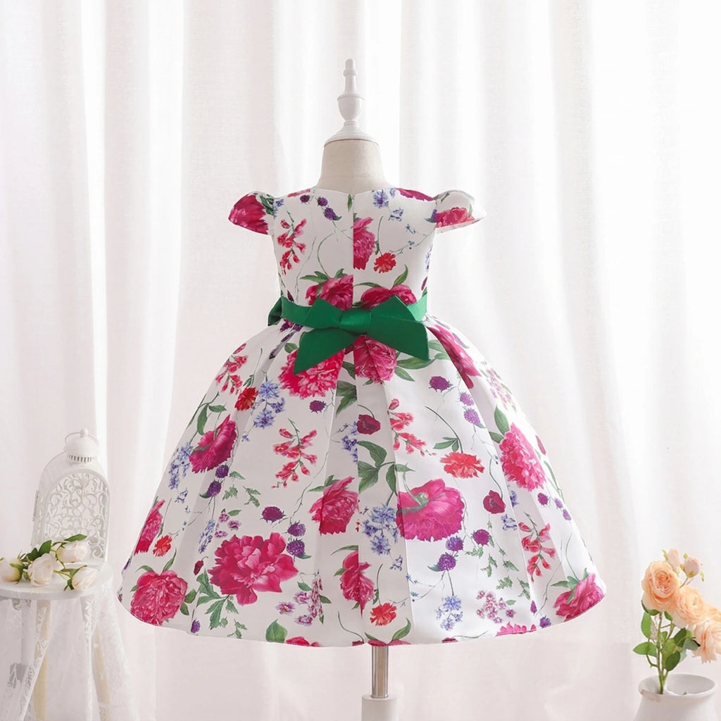 Girls Dark Pink Floral Printed Cap Sleeve Fit & Flare Party Wear Dress Party Dresses