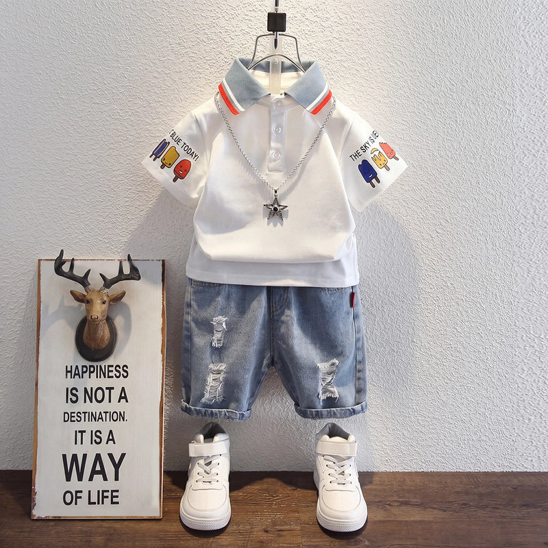 Boys White Short Sleeve Polo T-Shirt With Denim Shorts Sets 2 pc. Sets White 1-2 Y